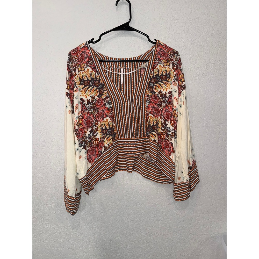 Free People XS Floral Stripe Boho V-Neck Bell Sleeve Blouse OB1079916